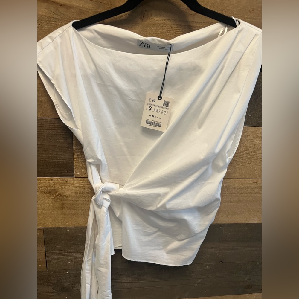 Zara white cotton poplin stretch short sleeve with wrap front bow